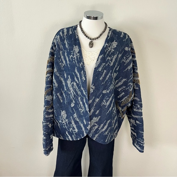 NWT Zara Beaded Denim-Effect Quilted Kimono Jacket Blue Boho Women’s Size M/L - Picture 3 of 11